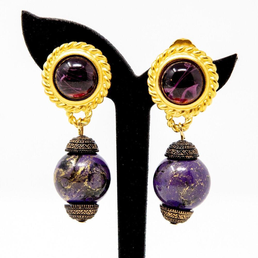 Leslie Block Vintage Clip-On Earrings – Gold & Purple Statement Dangle Signed